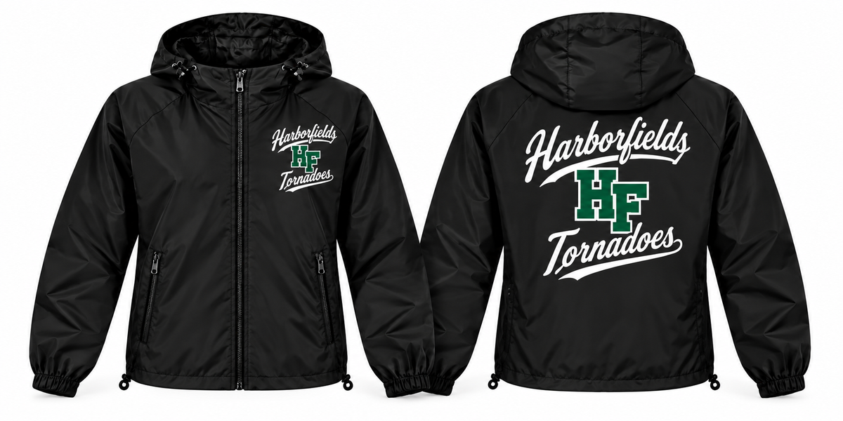 Harborfields Tornadoes black full-zip windbreaker front and back