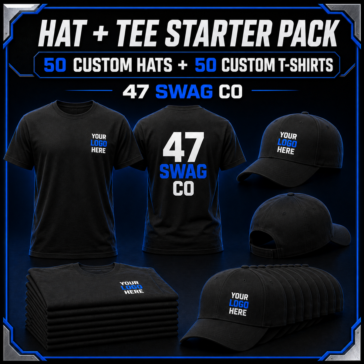 Hat + Tee Starter Pack — 50 Custom Hats + 50 Custom T-Shirts