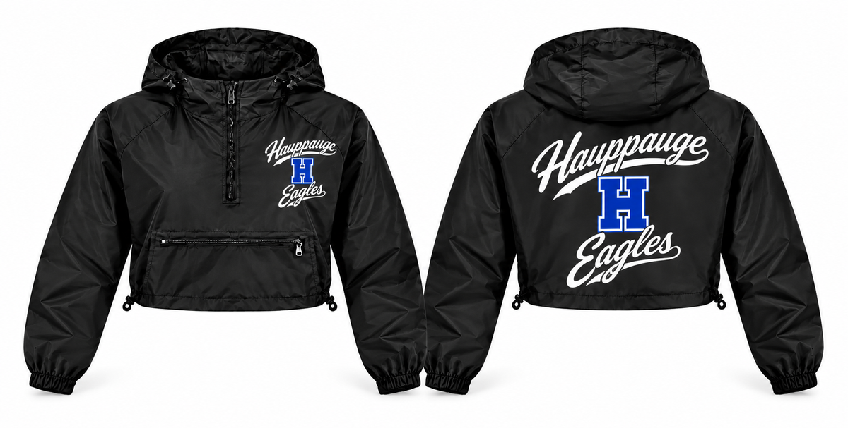 Hauppauge Eagles black crop windbreaker front and back