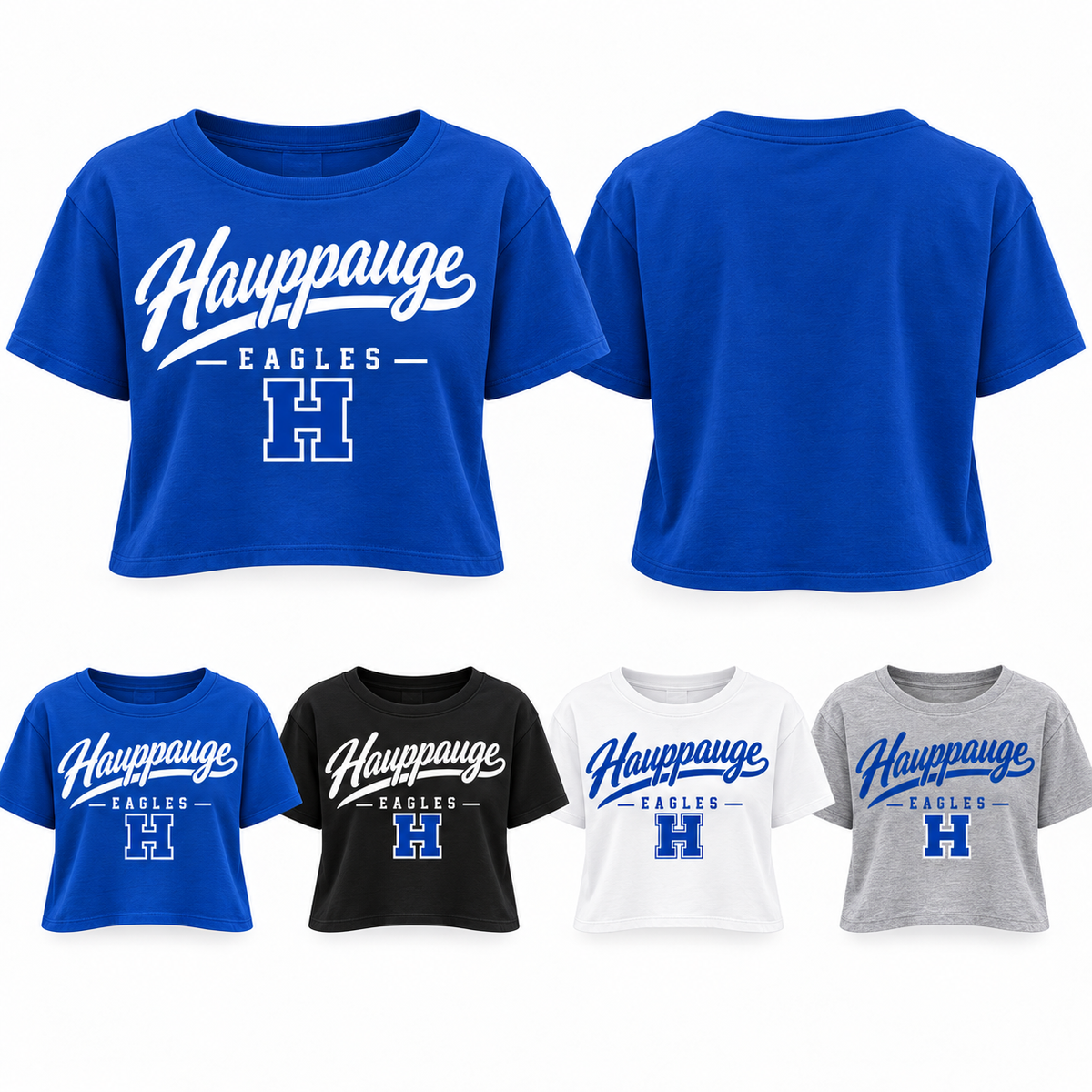 Hauppauge Eagles Women's Script Crop T-Shirt, Royal Blue, Black, White, Heather Gray