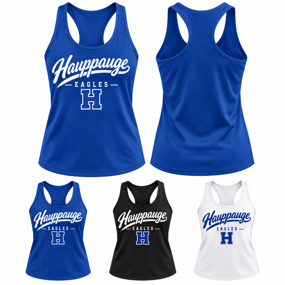 Hauppauge Eagles Women's Script Racerback Tank, Royal Blue, Black, White