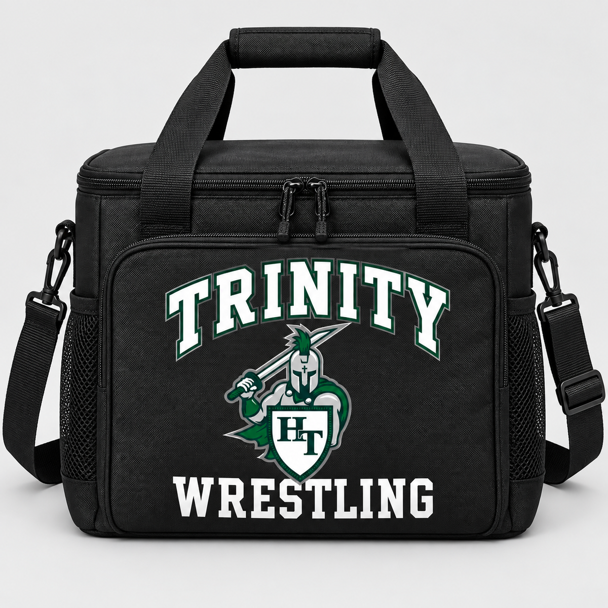 black soft-sided insulated rectangular cooler bag with a full top zipper, webbing carry handles, shoulder strap, flat printable front pocket with Titans wrestling decoration