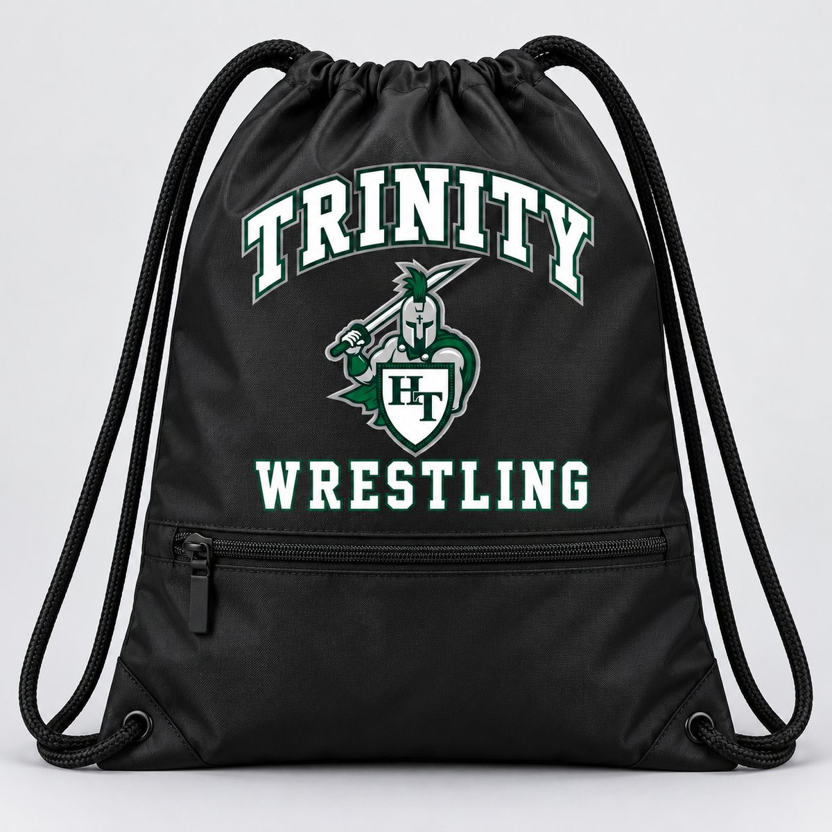 black athletic drawstring cinch sack backpack with thick drawcord straps and a horizontal zippered front pocket with Titans wrestling decoration
