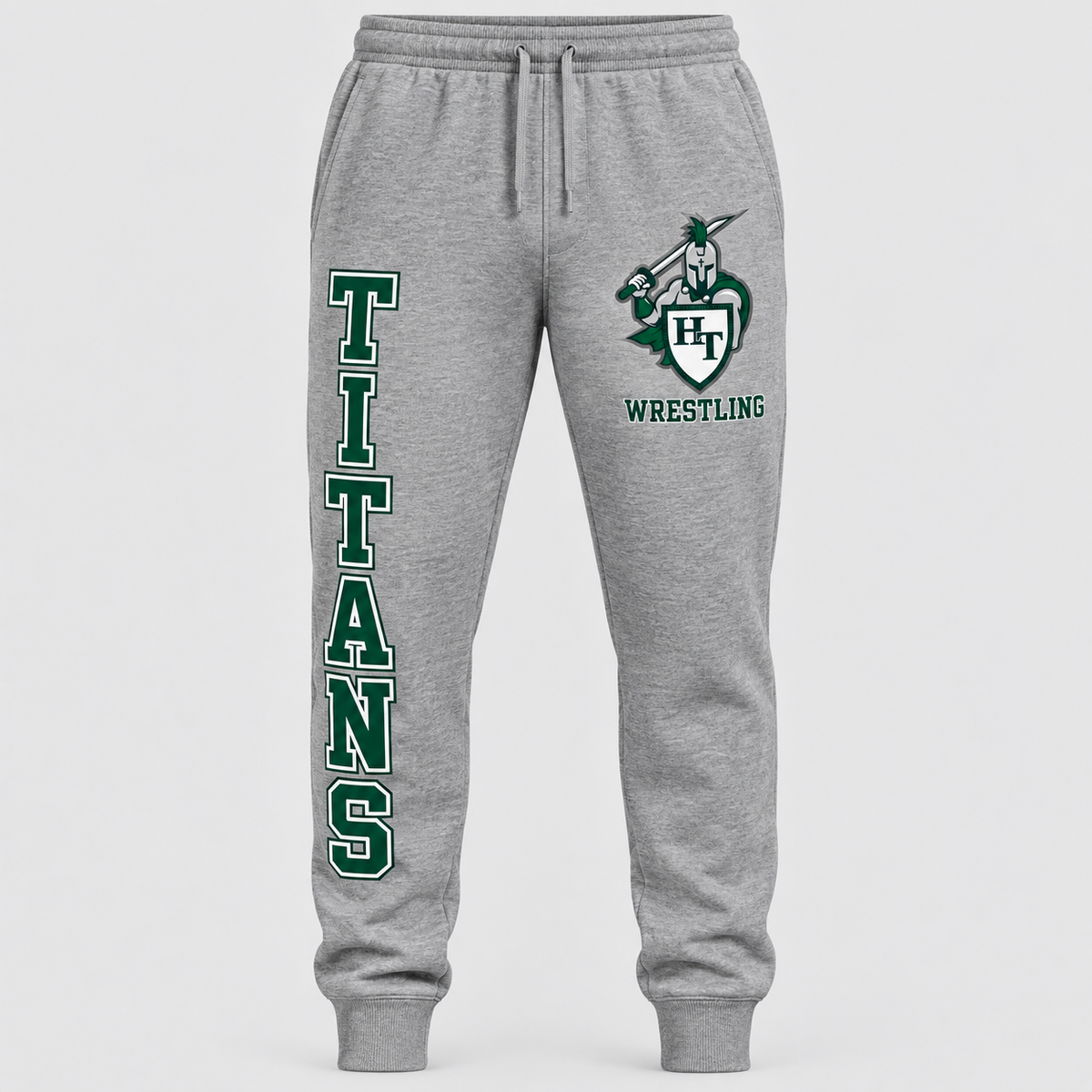 heather gray men’s tapered fleece joggers with cuffs and drawstring waist with Titans wrestling decoration