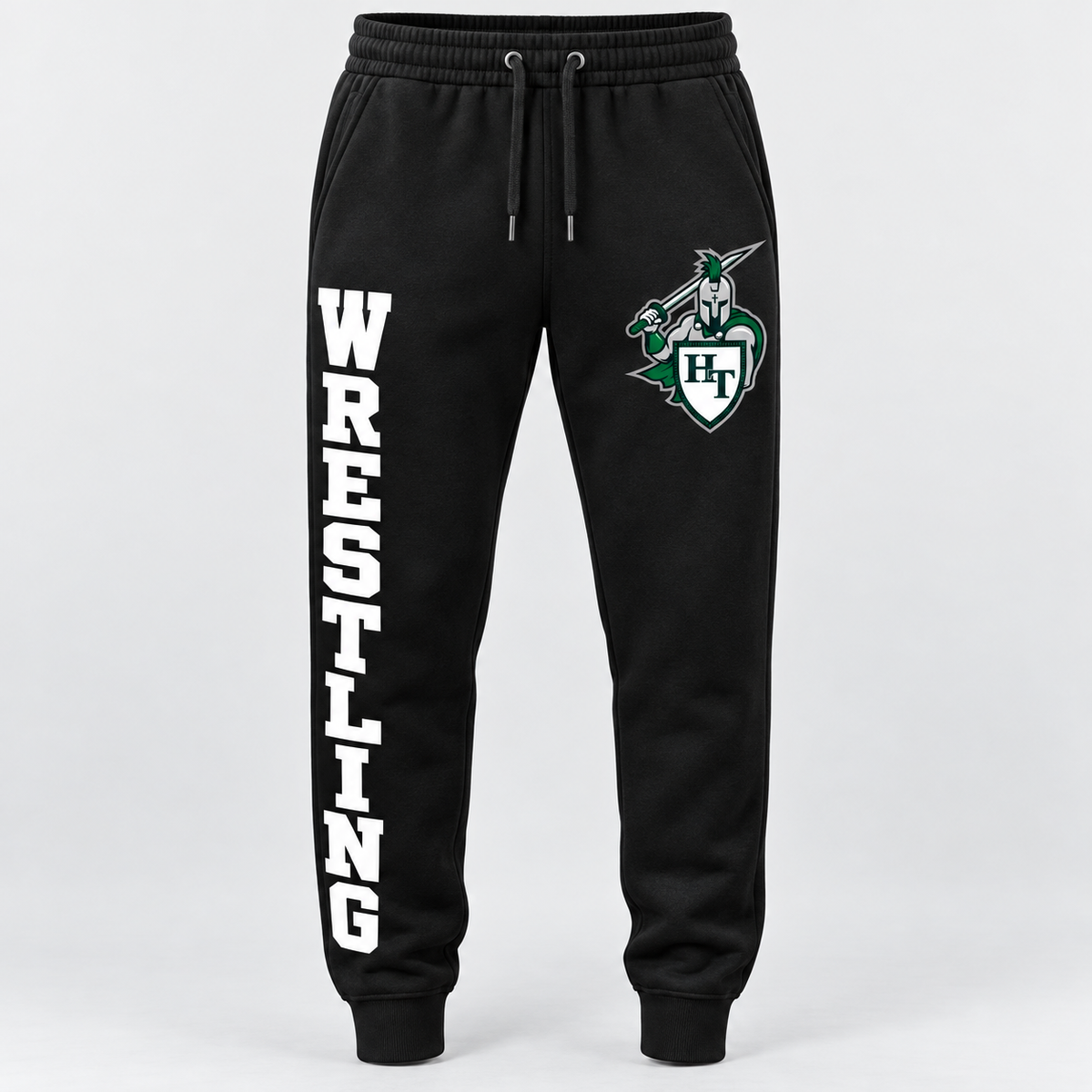 black men’s tapered fleece joggers with cuffs and drawstring waist with Titans wrestling decoration