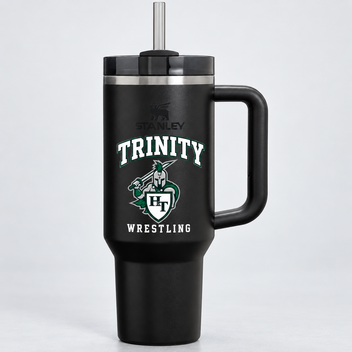 one authentic black Stanley Quencher H2.0 FlowState 40 ounce handled straw tumbler, exactly reference 1 with Titans wrestling decoration