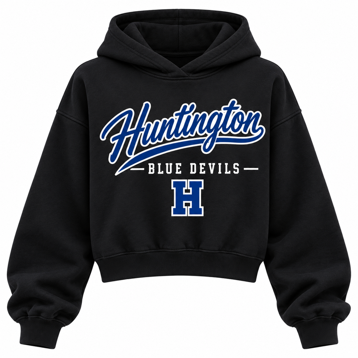 Huntington Blue Devils black cropped hoodie with heritage school script and varsity monogram on front