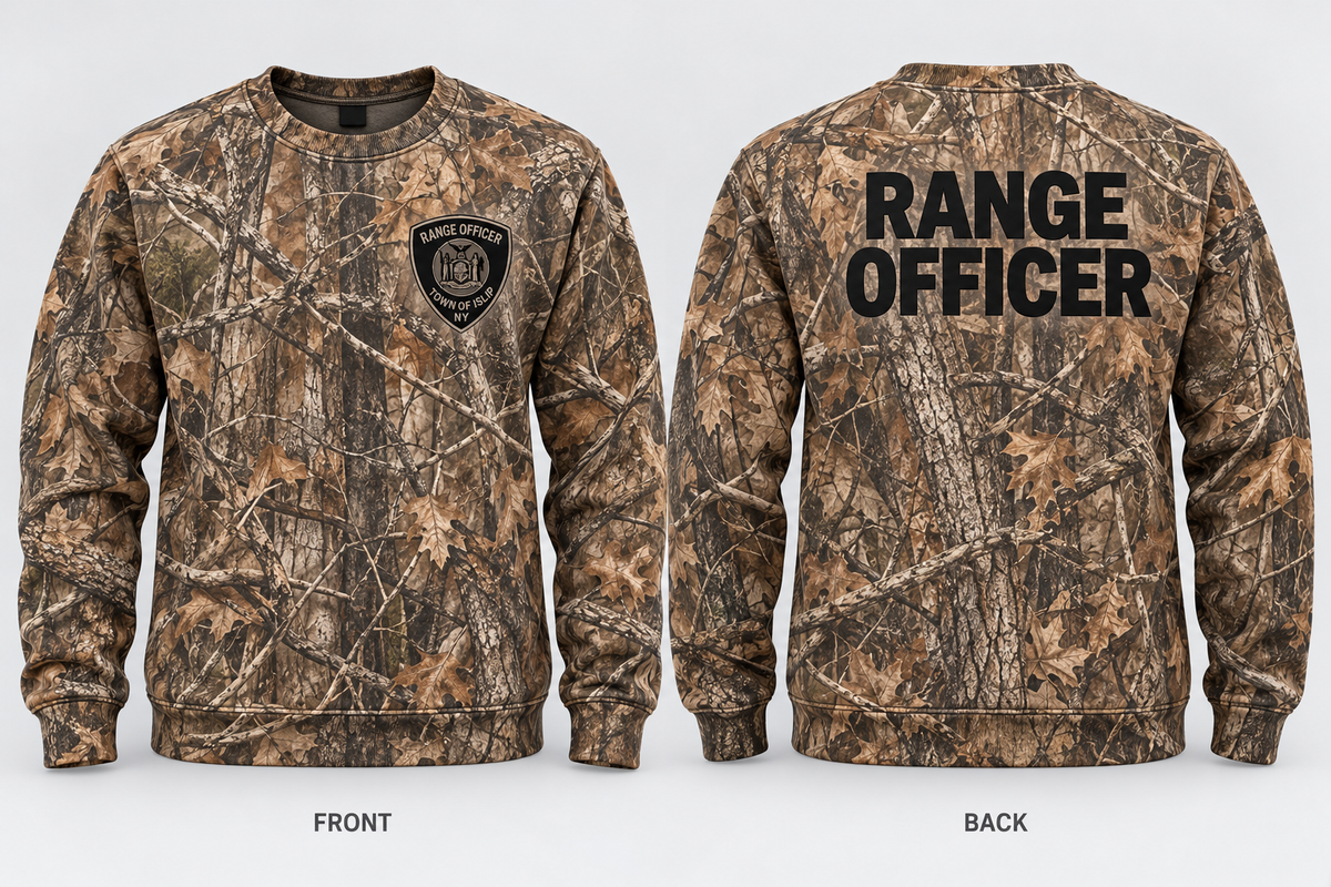 Town of Islip Range Officer Independent Trading Heavyweight Crewneck - Deadwood Tree Camo / black print front and back