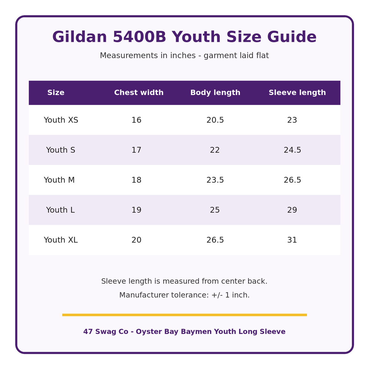 Gildan 5400B youth long-sleeve T-shirt size guide with chest width, body length and sleeve length