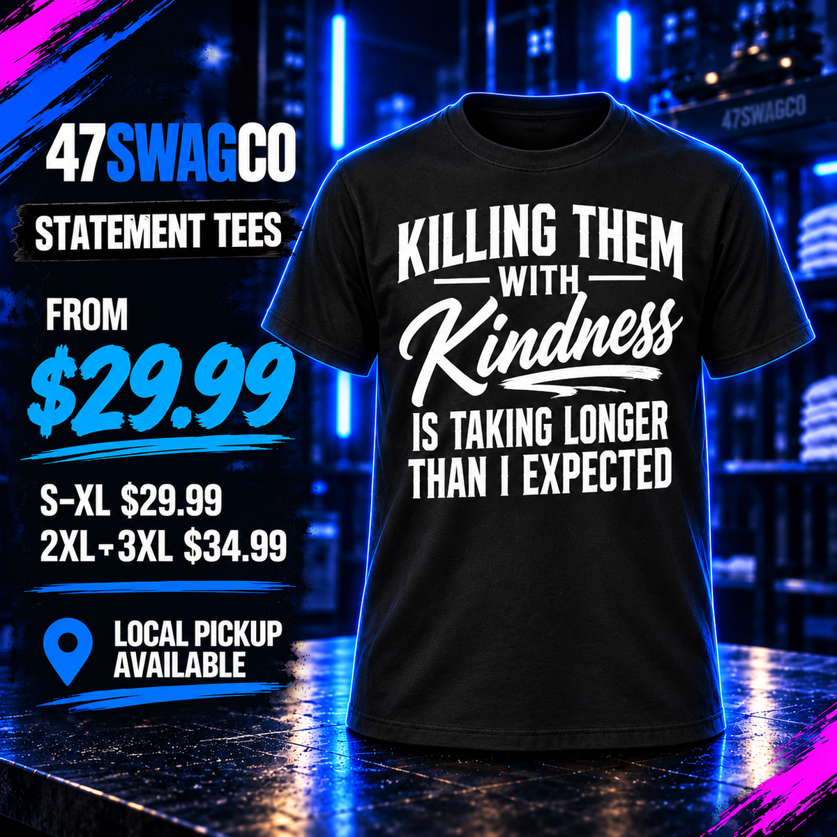 Black Killing Them With Kindness funny graphic T-shirt with bold white front print by 47 Swag Co