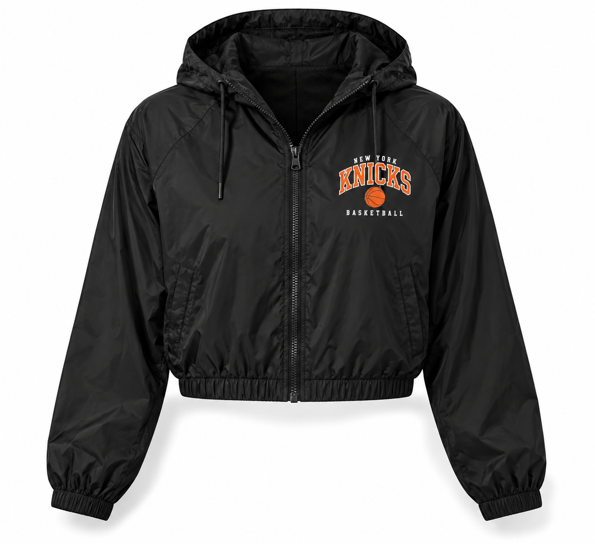 New York Knicks Varsity Court Women's Cropped Windbreaker in Black
