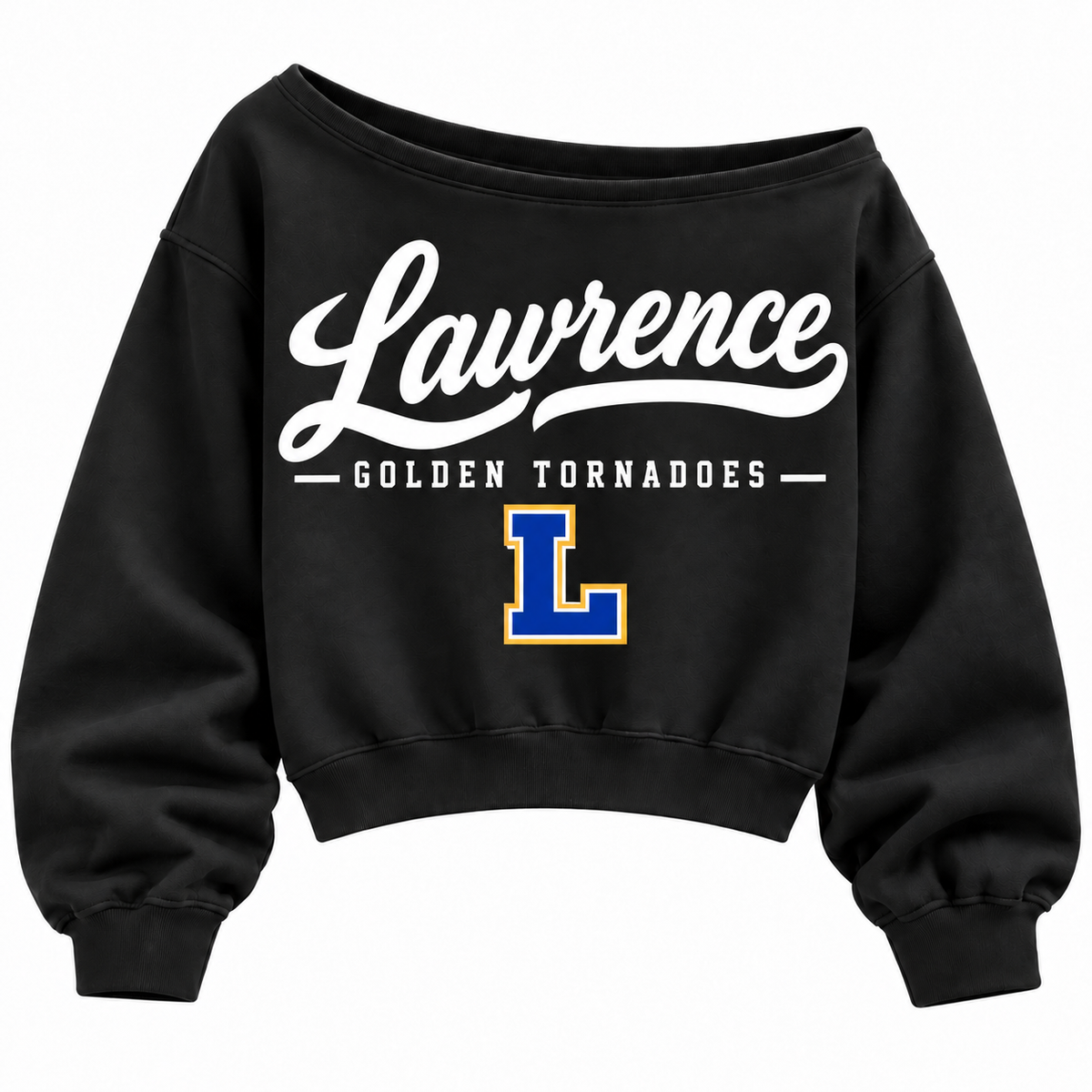 Lawrence Golden Tornadoes off-shoulder sweatshirt in black