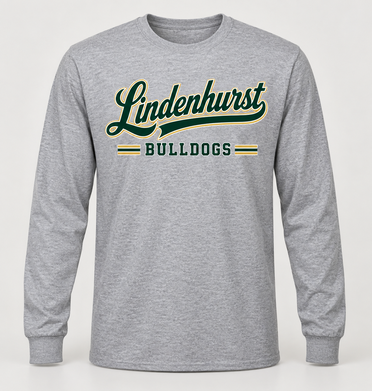 Lindenhurst Bulldogs Heritage Script Long Sleeve Tee in Heather Gray — front view