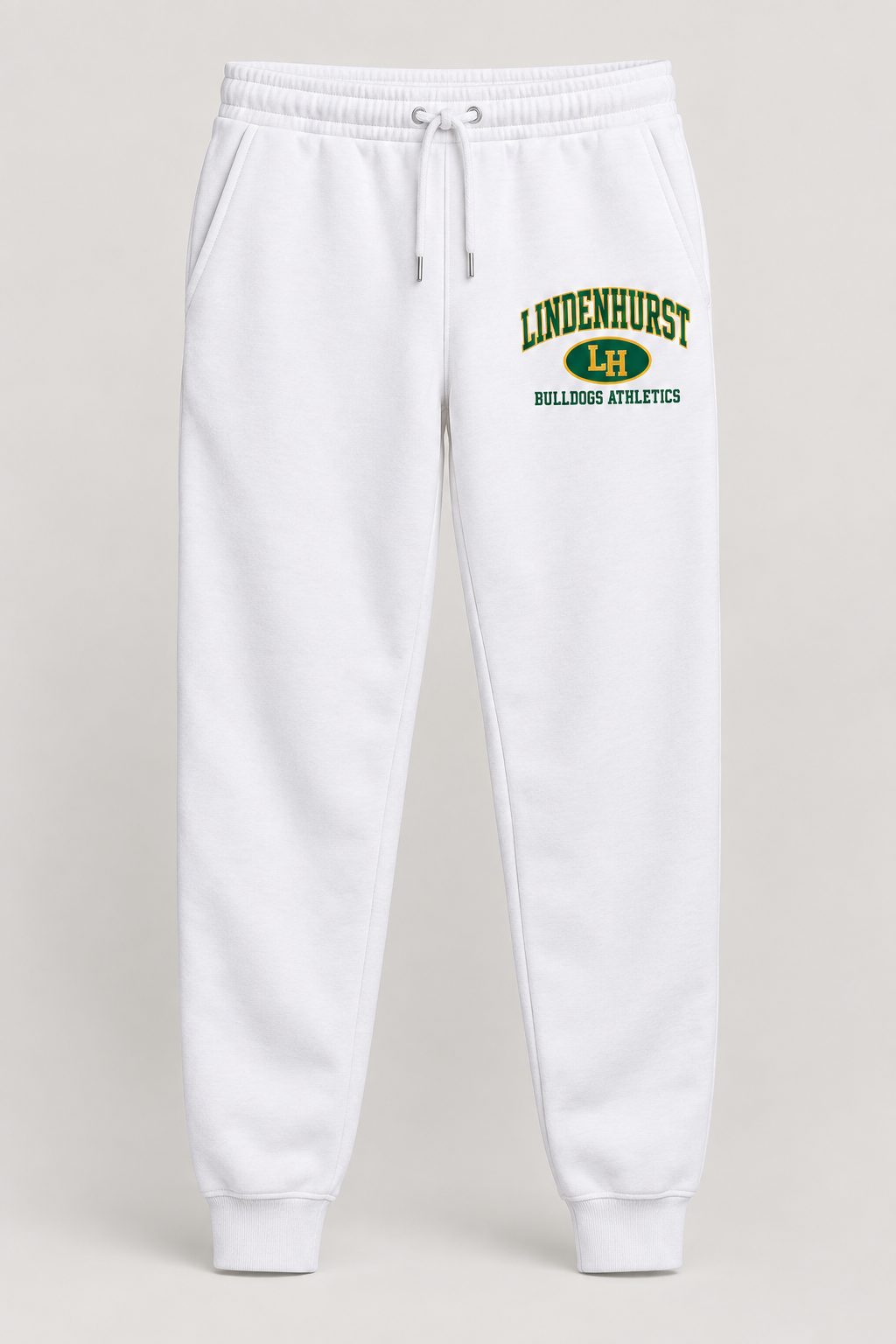 Lindenhurst Bulldogs Stadium Crest Joggers in White — front view