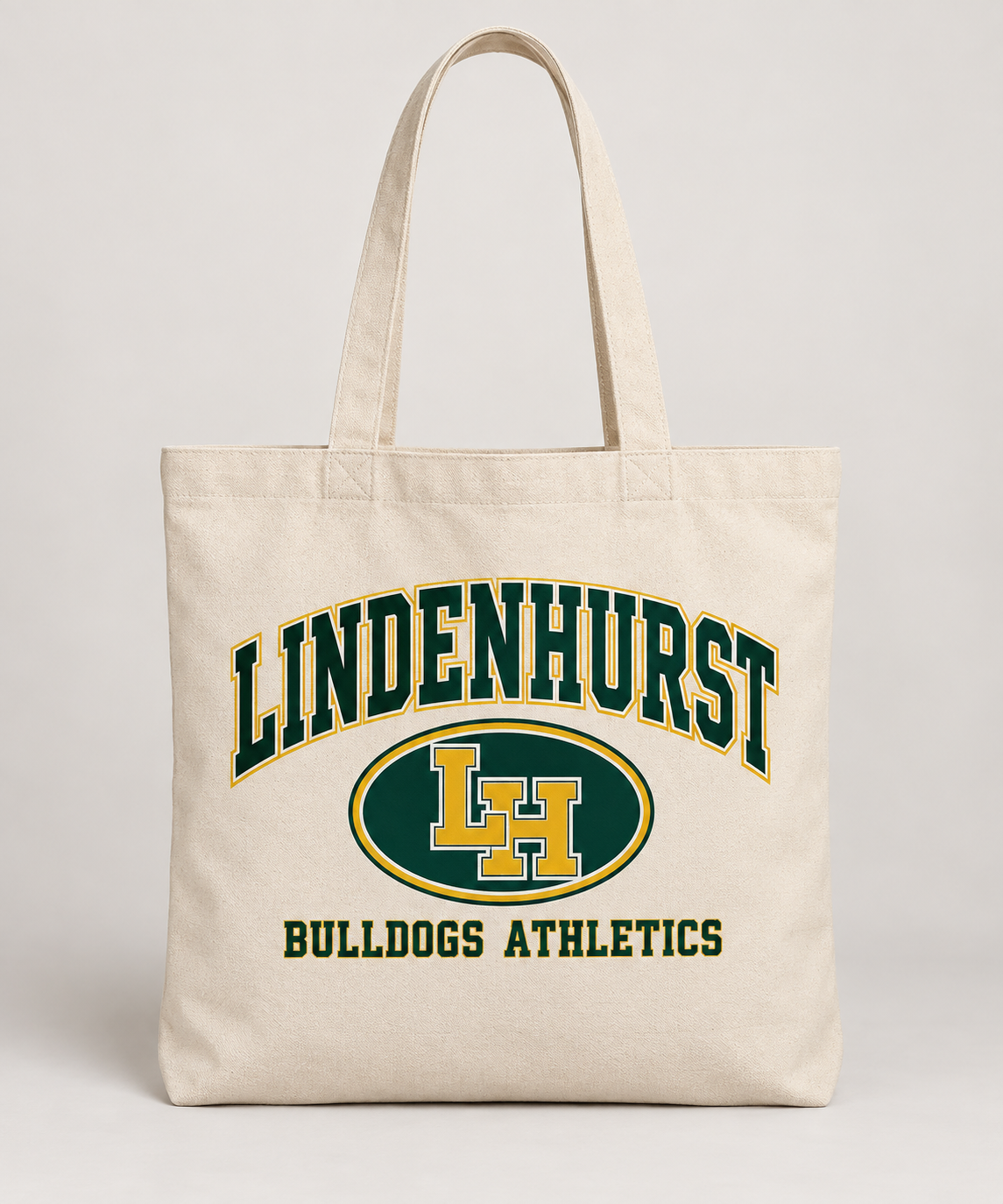 Lindenhurst Bulldogs Stadium Crest Tote Bag in Natural — front view
