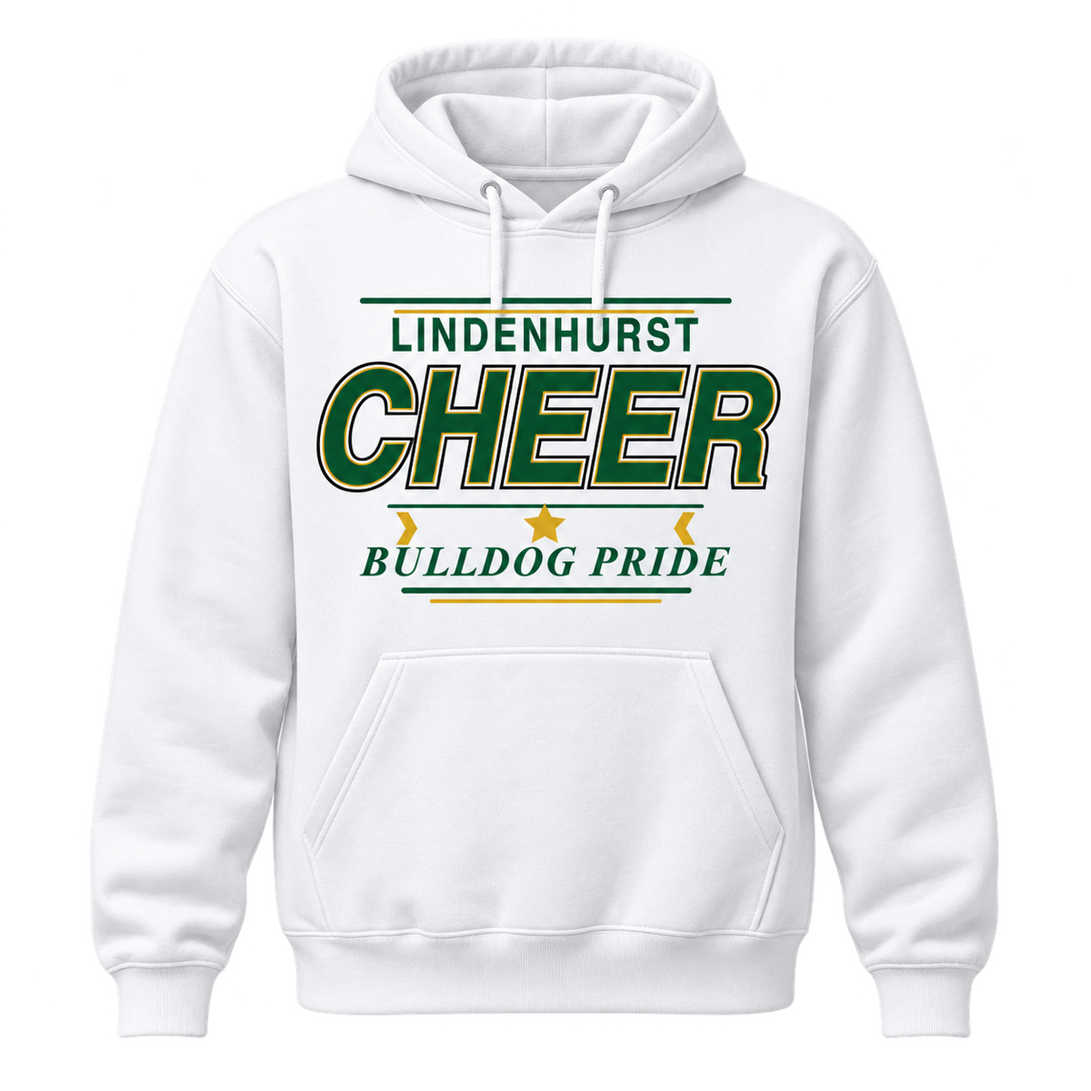White Lindenhurst Bulldogs Cheer Pro Stack adult pullover hoodie, front view