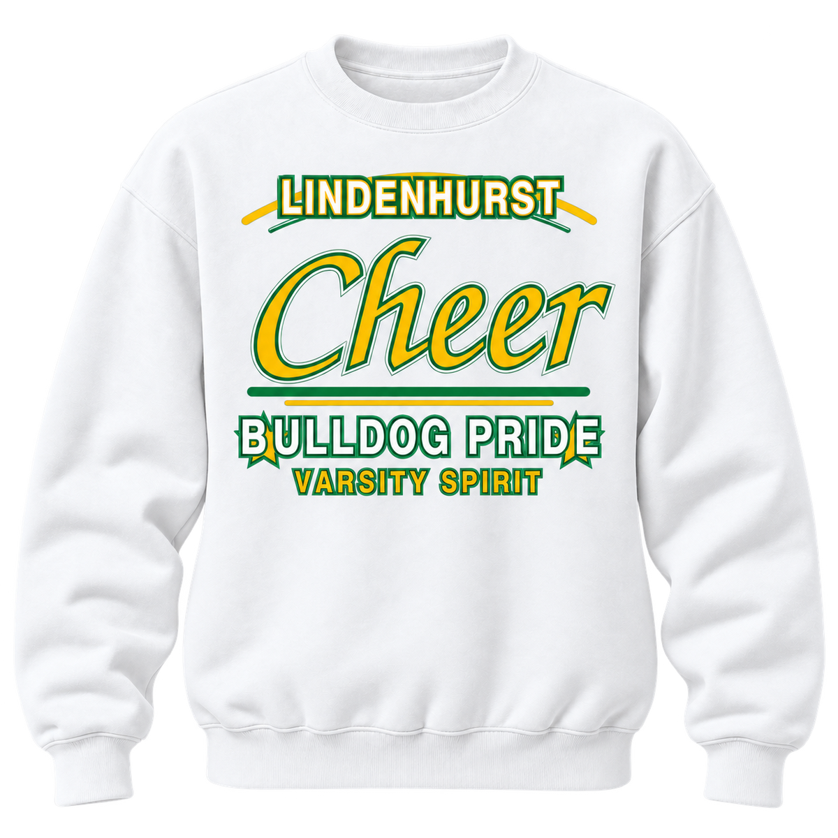 White Lindenhurst Bulldogs Cheer Varsity Script adult crewneck sweatshirt