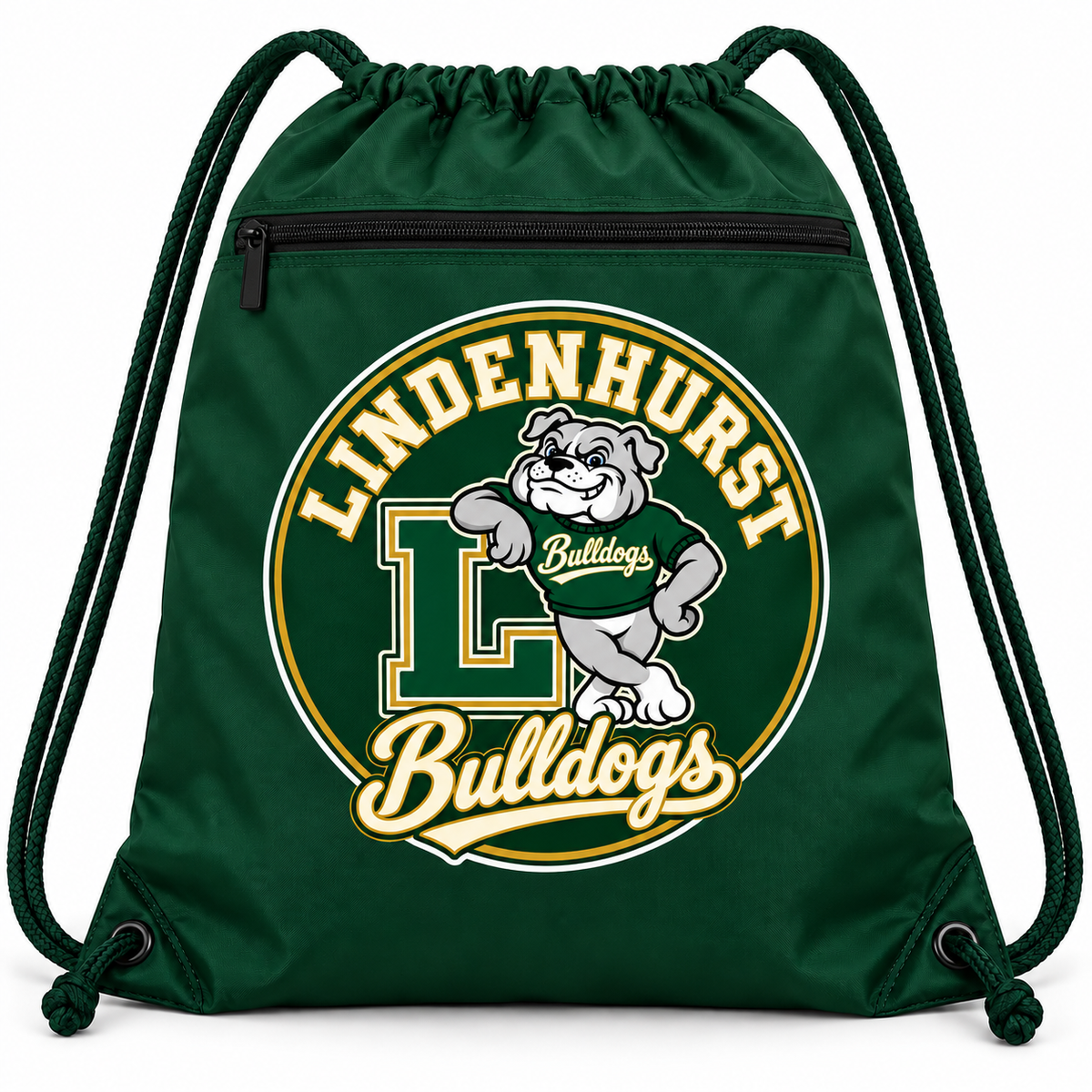 Lindenhurst Bulldogs Circle Zip Drawstring Bag Forest Green