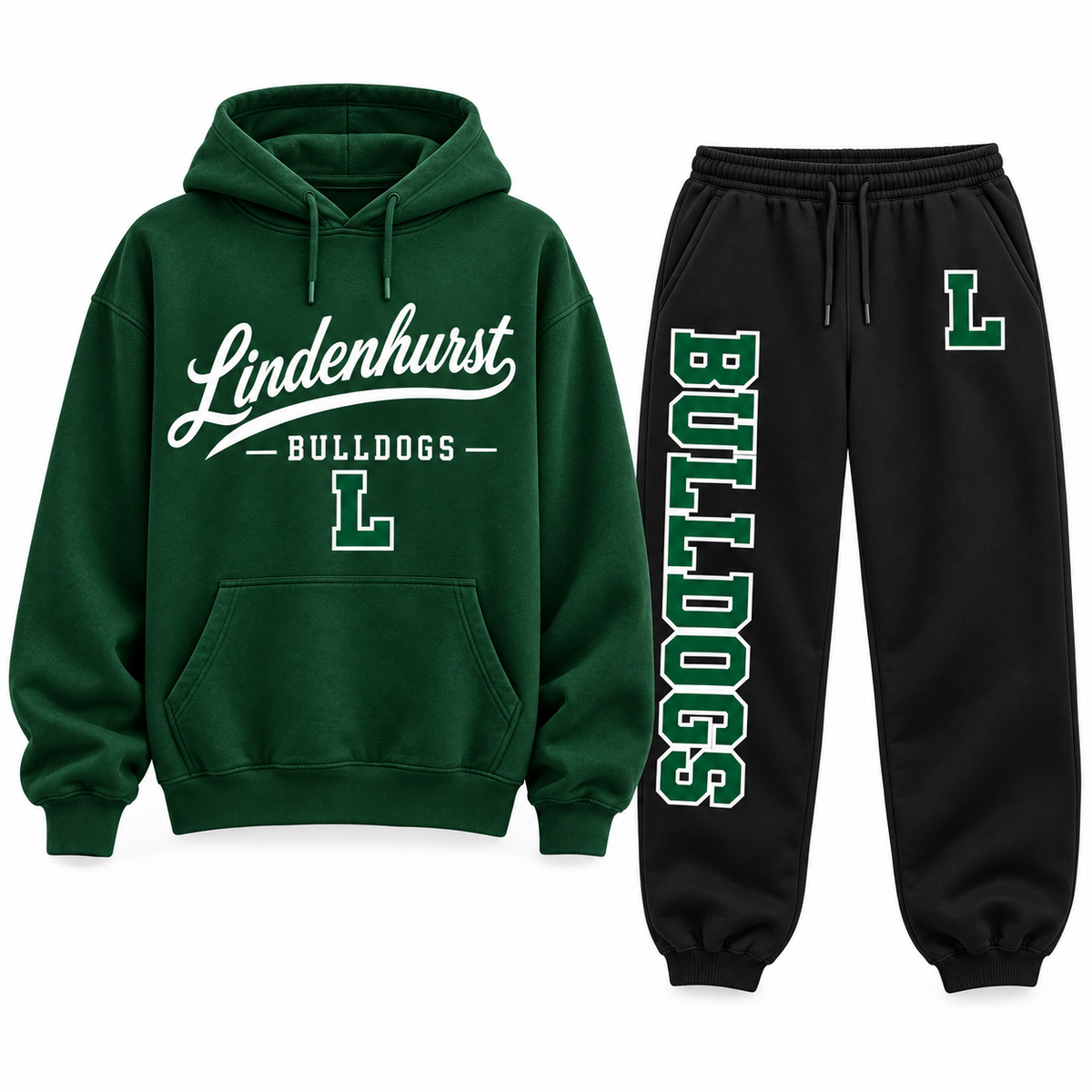 Forest-green Lindenhurst hoodie and black Bulldogs sweatpants, both pieces included