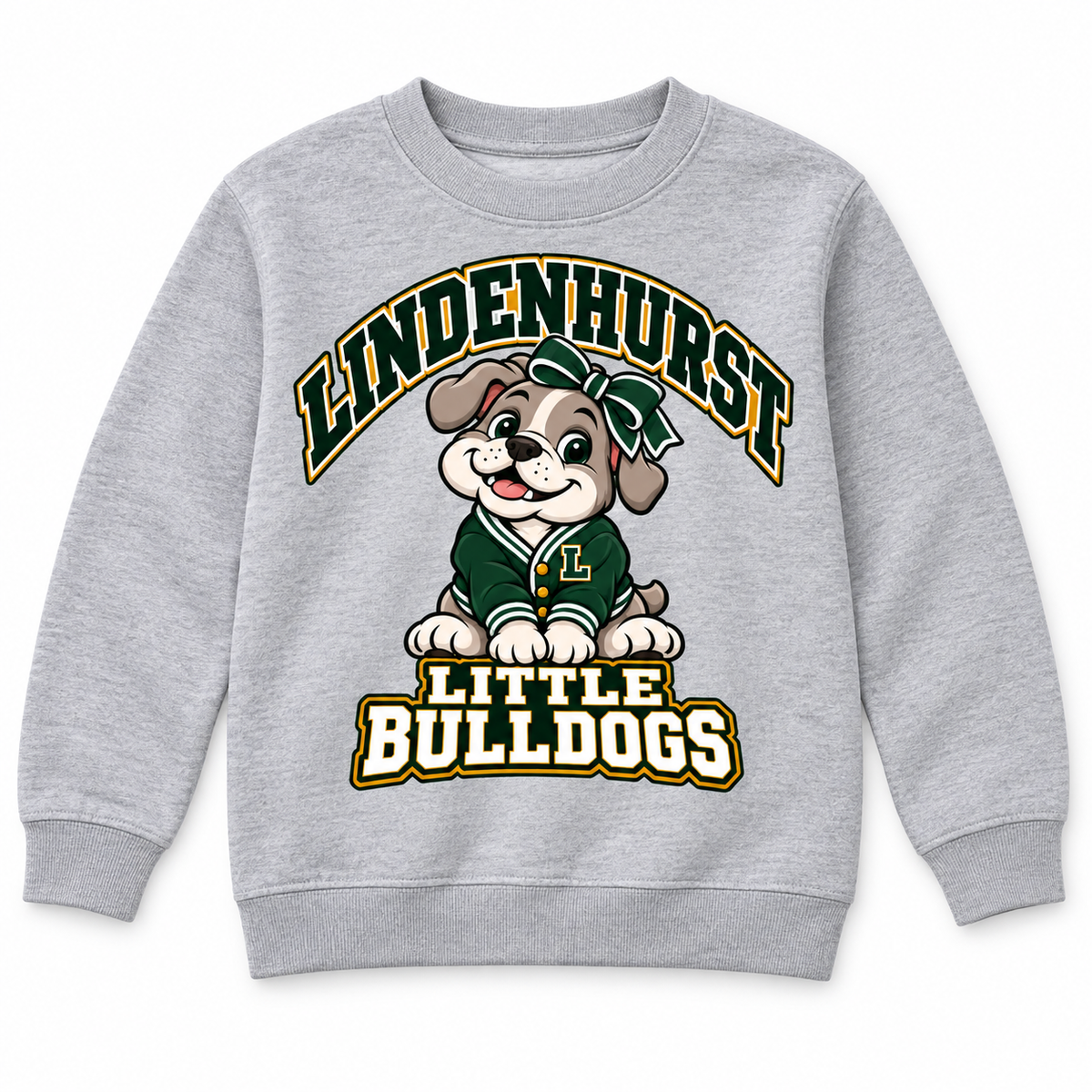 Lindenhurst Little Bulldogs Varsity Bow youth Crewneck Sweatshirt in Heather Gray, front view