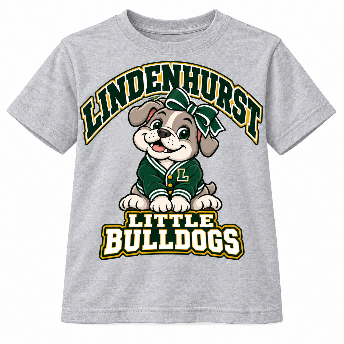 Lindenhurst Little Bulldogs Varsity Bow youth T-Shirt in Heather Gray, front view