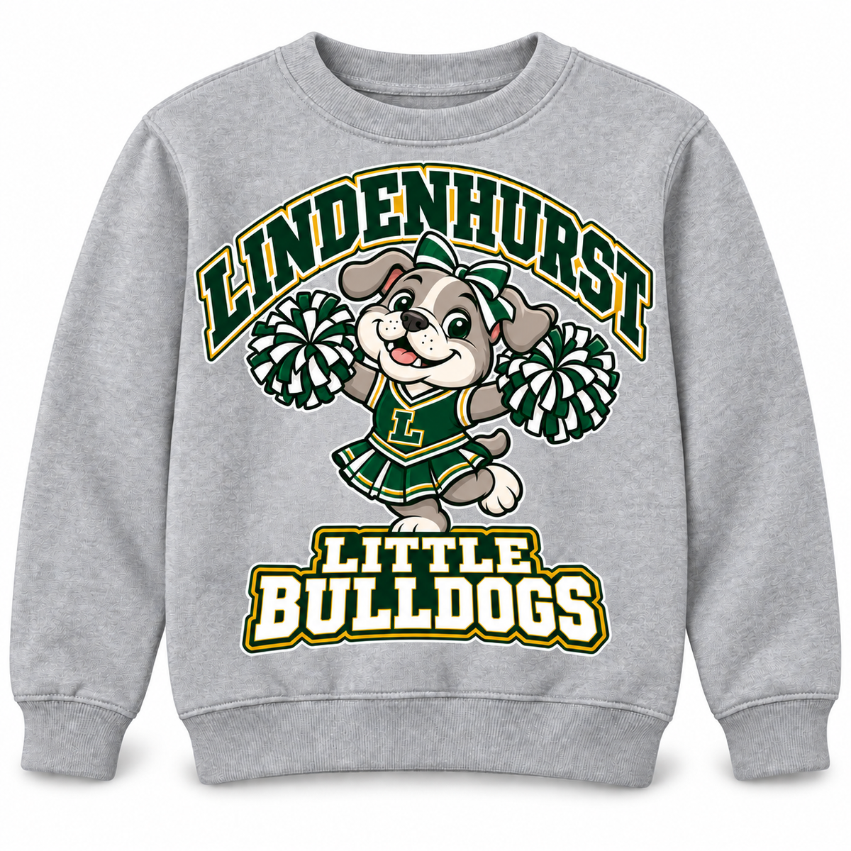 Lindenhurst Little Bulldogs Little Cheer Captain youth Crewneck Sweatshirt in Heather Gray, front view