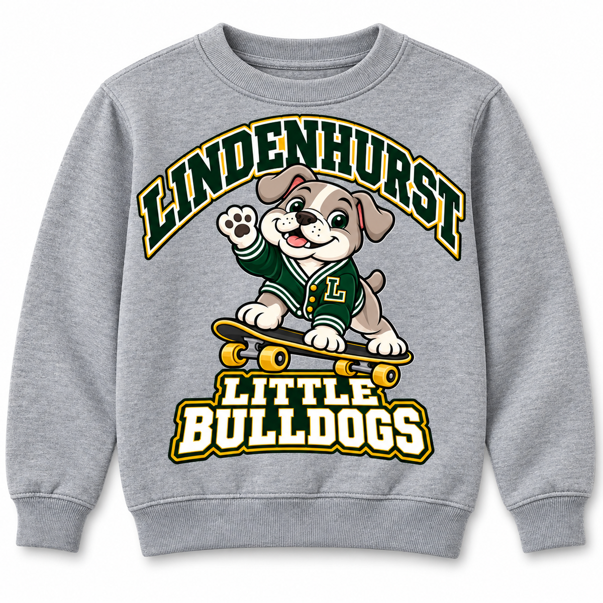 Lindenhurst Little Bulldogs Cruiser Pup youth Crewneck Sweatshirt in Heather Gray, front view