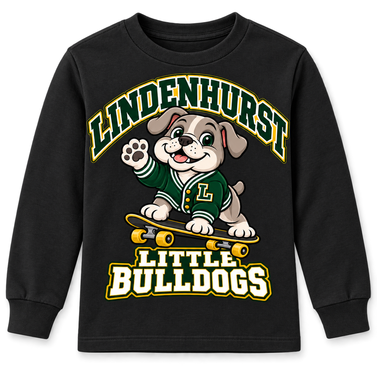 Lindenhurst Little Bulldogs Cruiser Pup youth Long Sleeve Tee in Black, front view