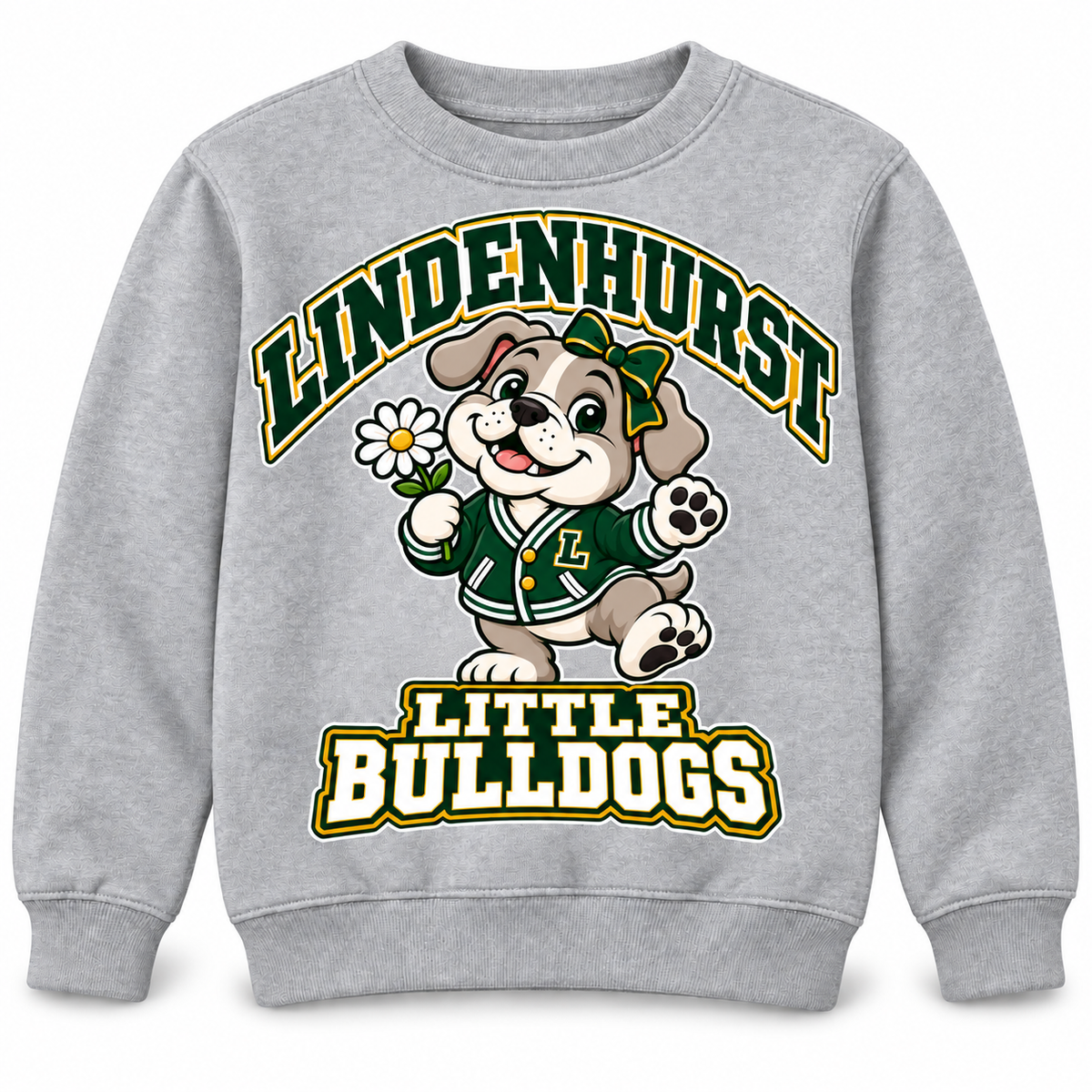 Lindenhurst Little Bulldogs Daisy Days youth Crewneck Sweatshirt in Heather Gray, front view