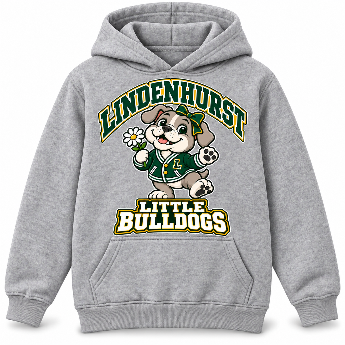 Lindenhurst Little Bulldogs Daisy Days youth Pullover Hoodie in Heather Gray, front view