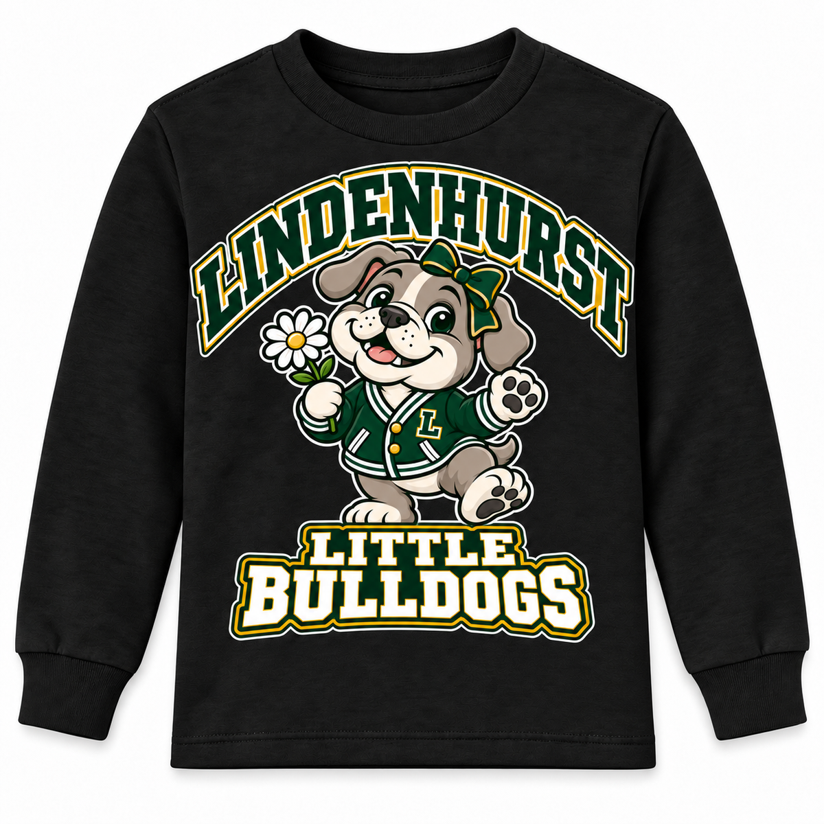 Lindenhurst Little Bulldogs Daisy Days youth Long Sleeve Tee in Black, front view