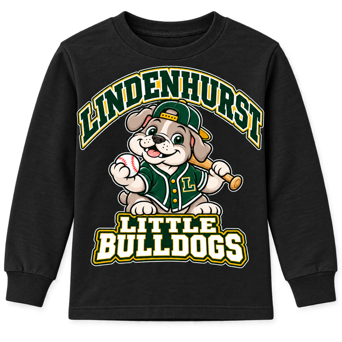 Lindenhurst Little Bulldogs Diamond Pup youth Long Sleeve Tee in Black, front view