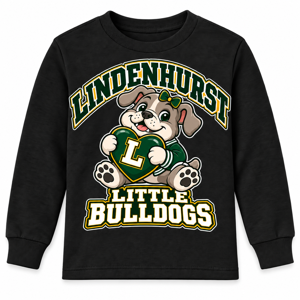 Lindenhurst Little Bulldogs Lindy Love youth Long Sleeve Tee in Black, front view