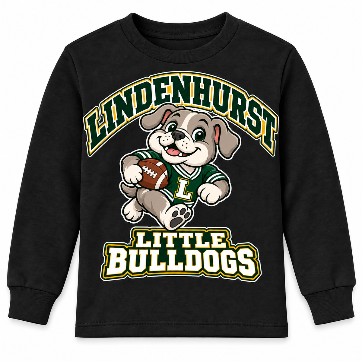 Lindenhurst Little Bulldogs Touchdown Pup youth Long Sleeve Tee in Black, front view