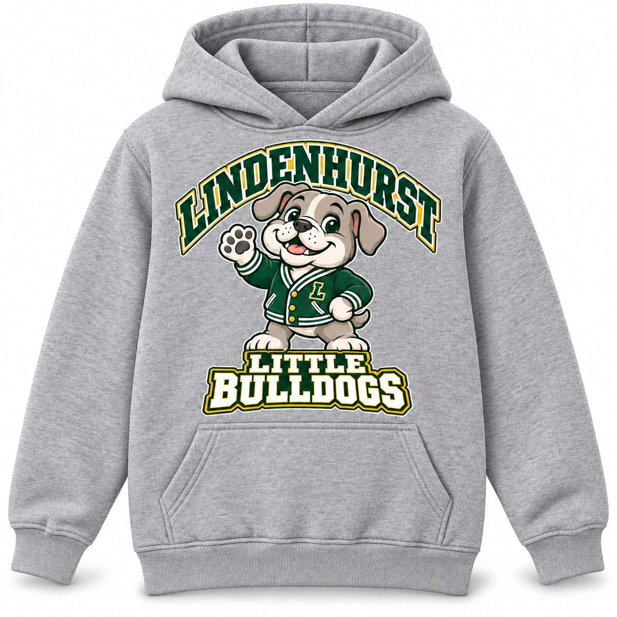 Lindenhurst Little Bulldogs Varsity Pup youth Pullover Hoodie in Heather Gray, front view
