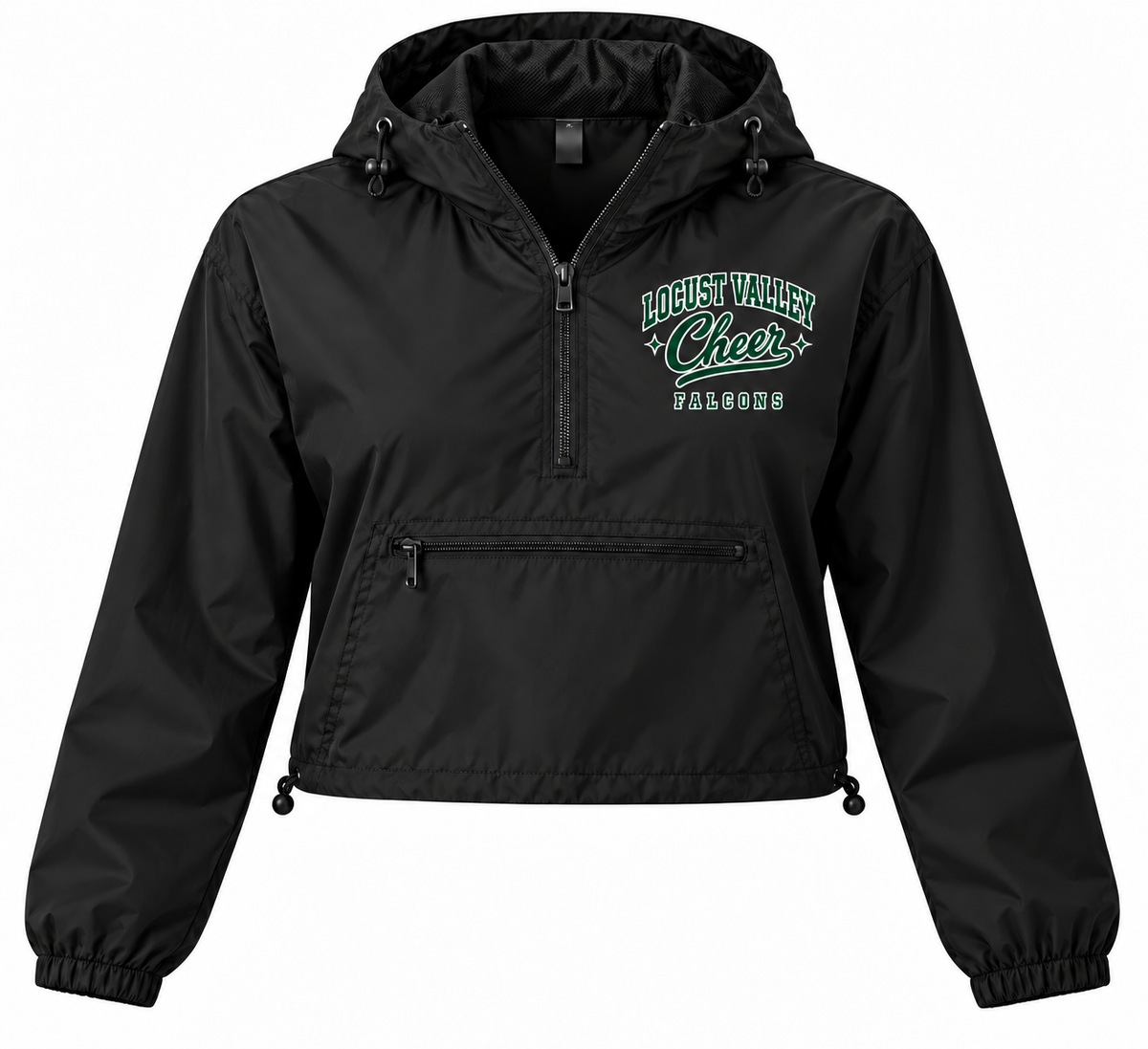 Locust Valley Cheer Women's Script Crop Windbreaker in Black, front view