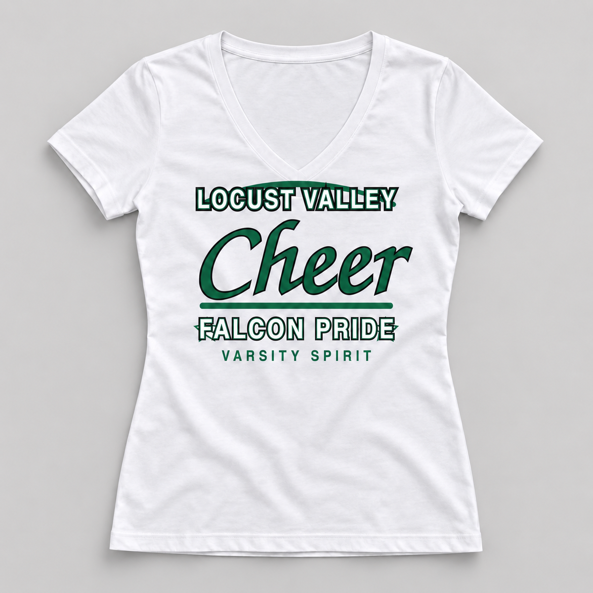 Locust Valley Falcons Cheer women's varsity script V-neck T-shirt in White, front view