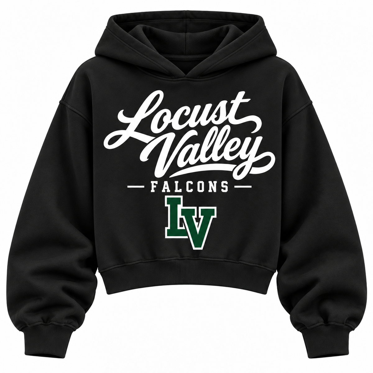 Locust Valley Falcons black cropped hoodie with heritage school script and varsity monogram on front