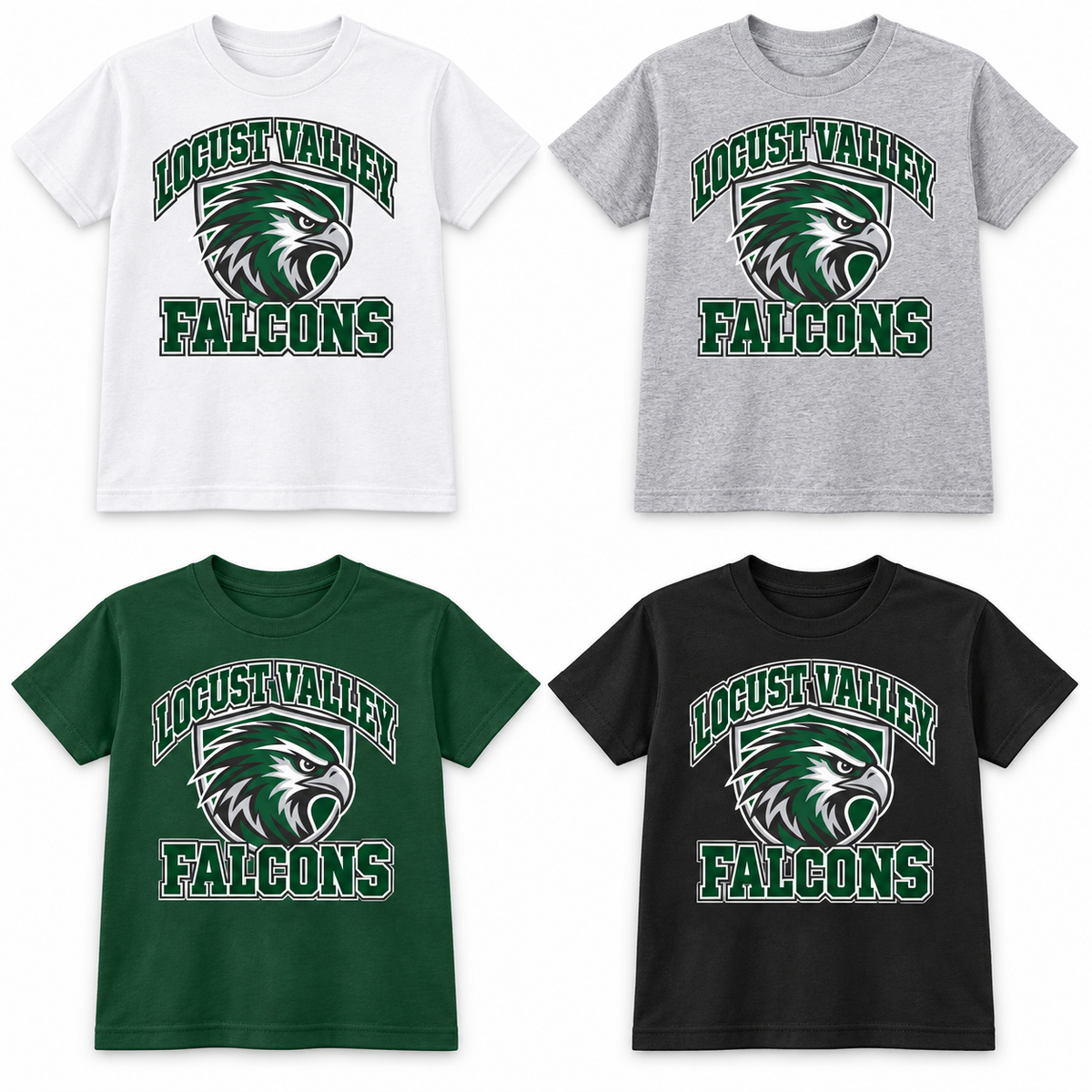 Locust Valley Youth Falcon Shield Tee: White, Sport Grey, Forest Green, Black; front DTF print