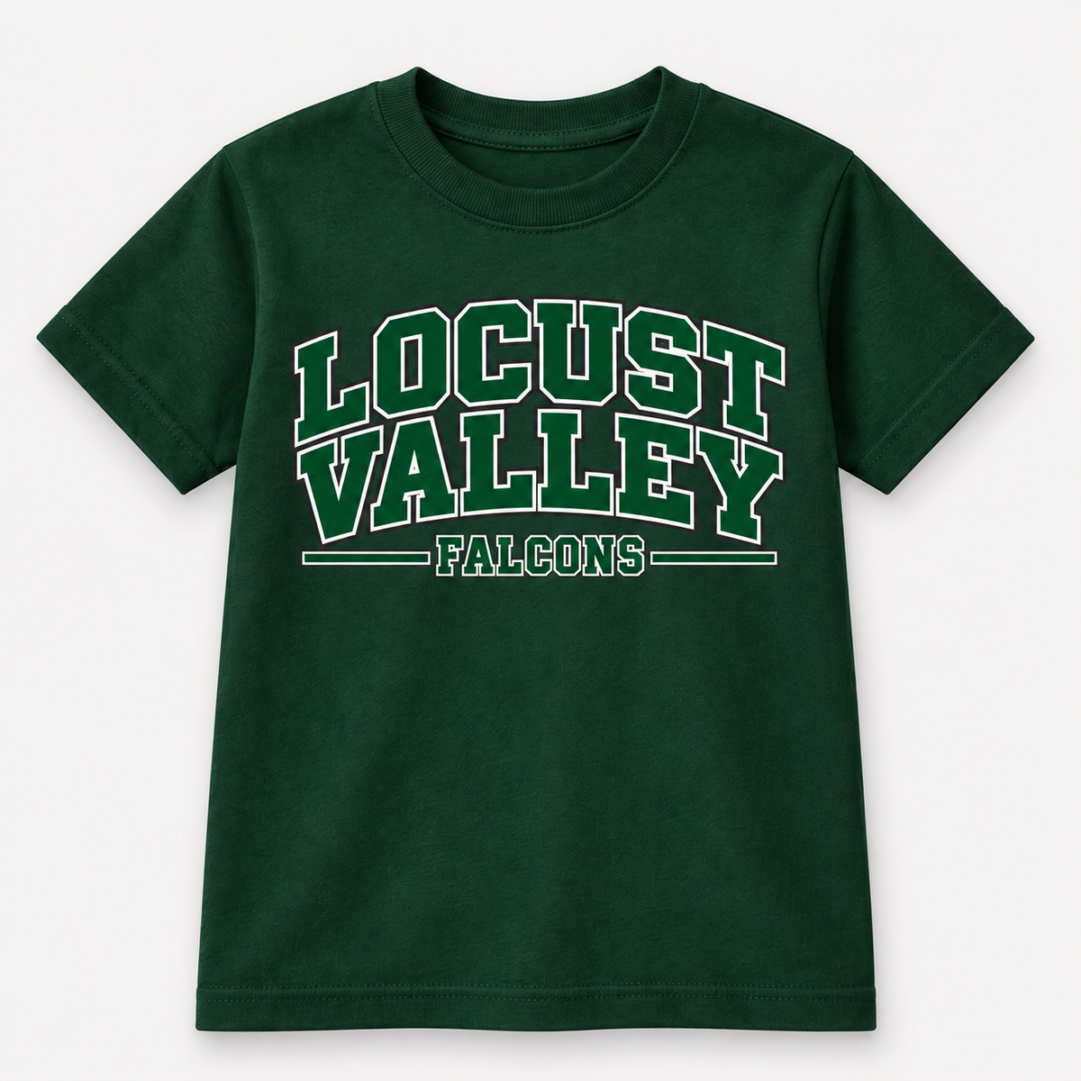 Digital mockup: Forest Green Locust Valley Youth Heritage Varsity Tee, front view