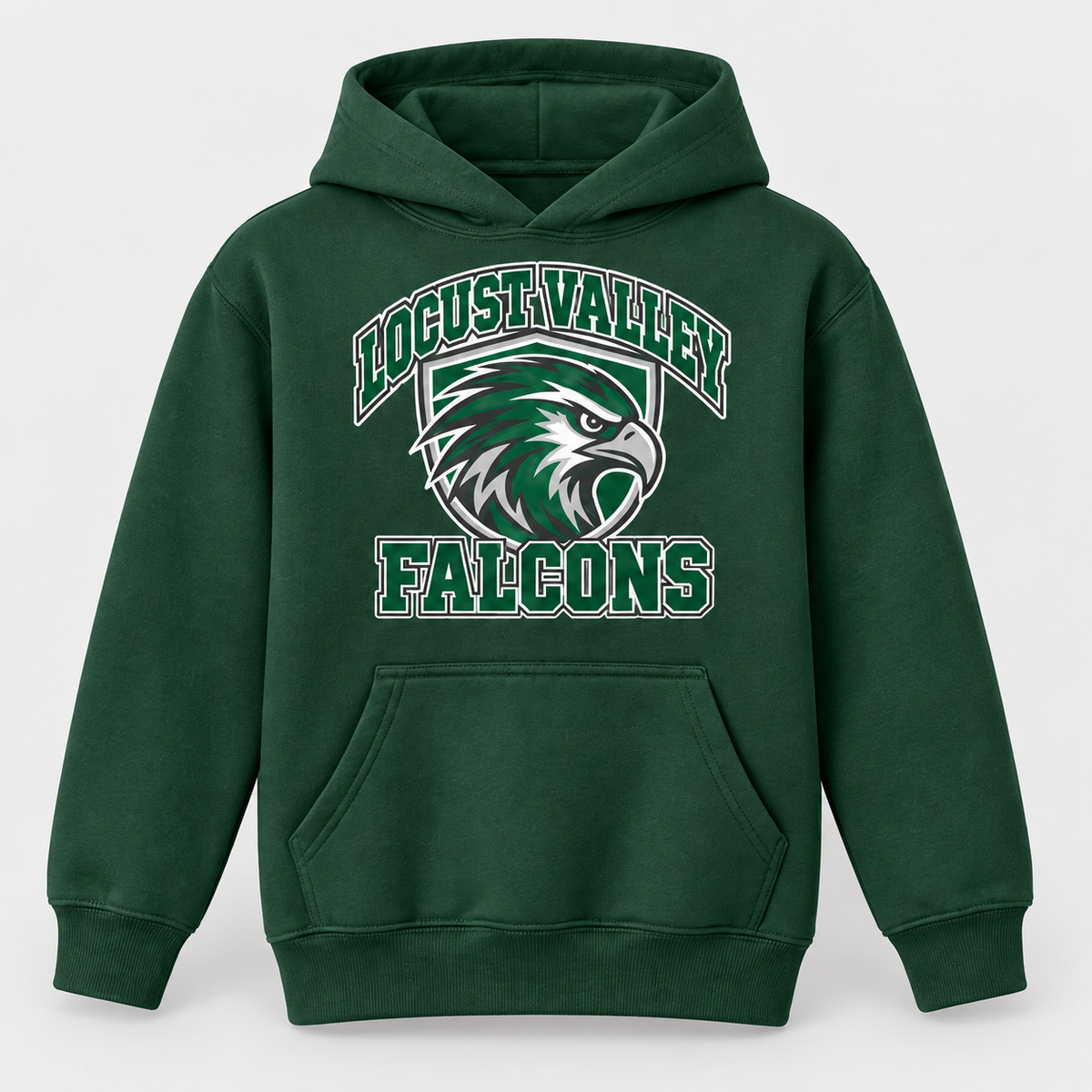 Digital mockup: Forest Locust Valley Youth Falcon Shield Hoodie, front view