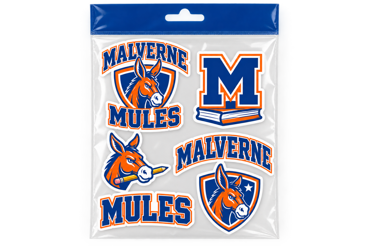 Malverne Mules Six Piece School Sticker Pack in Full Color with collegiate mule crest