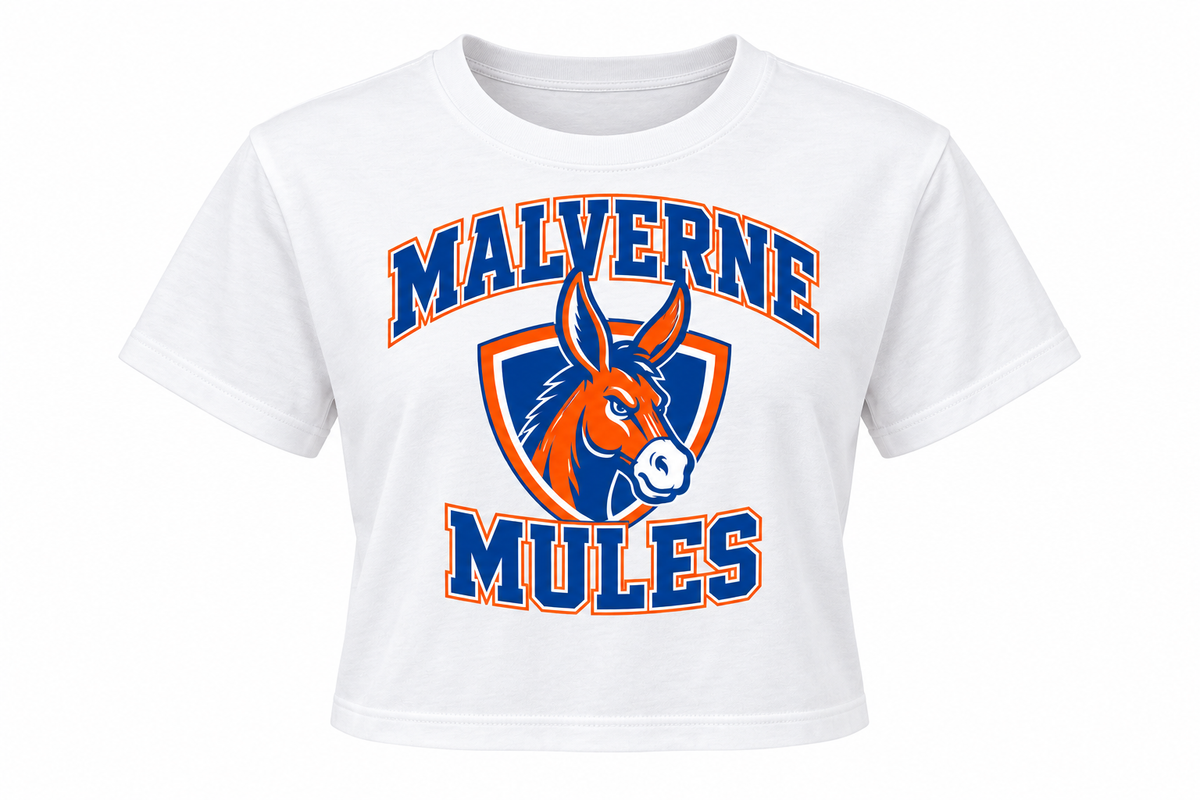 Malverne Mules Women's Crop Tee in White with collegiate mule crest