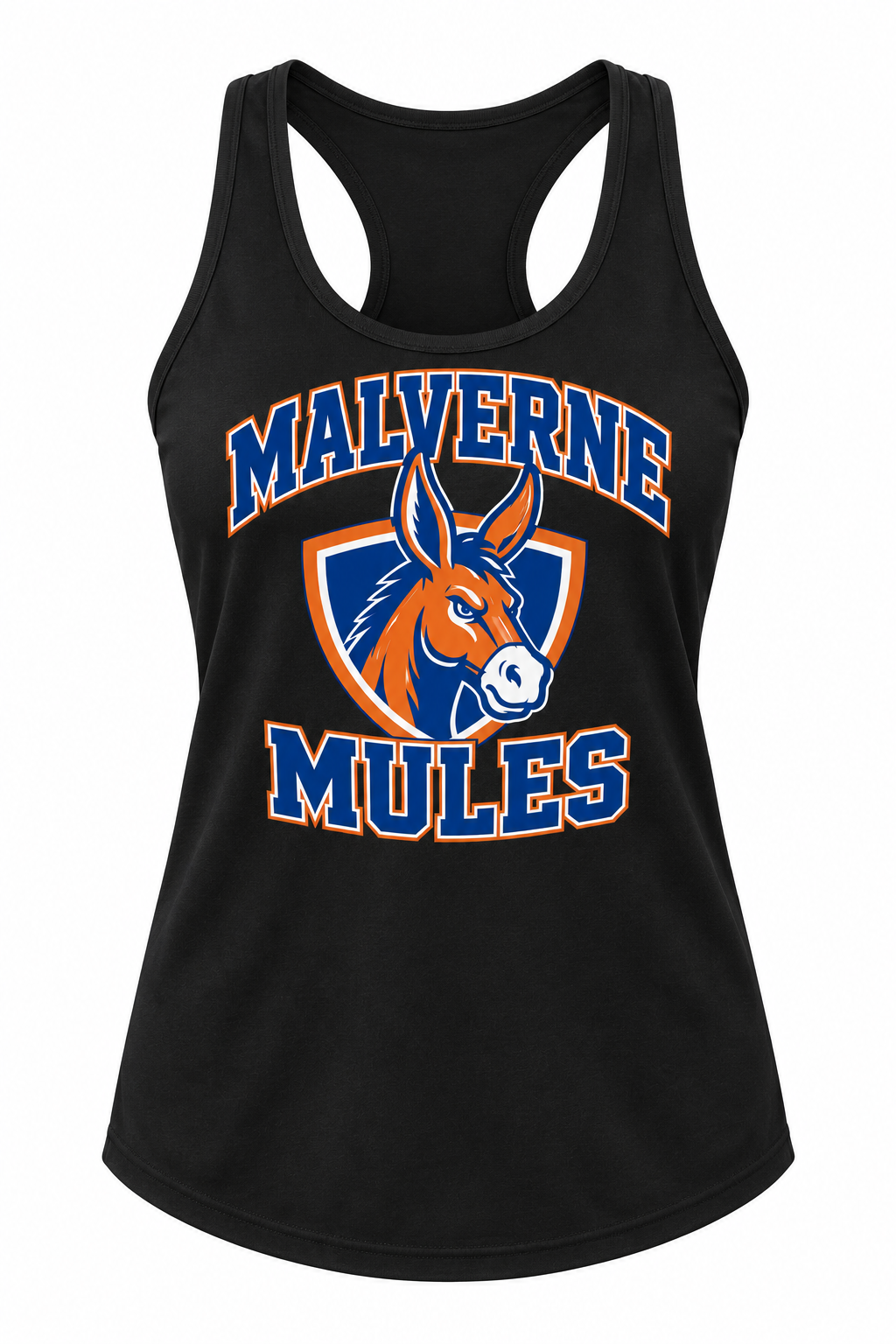 Malverne Mules Women's Racerback Tank in Black with collegiate mule crest