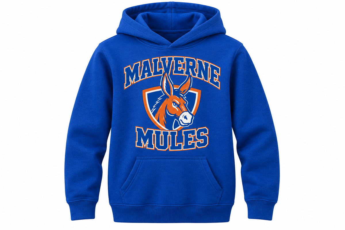 Malverne Mules Youth Crest Hoodie in Royal Blue with collegiate mule crest