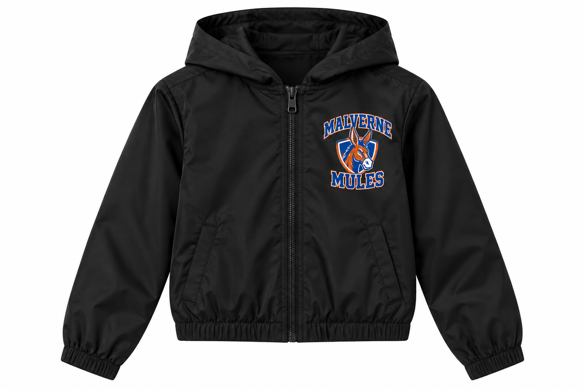 Malverne Mules Youth Crop Windbreaker in Black with collegiate mule crest