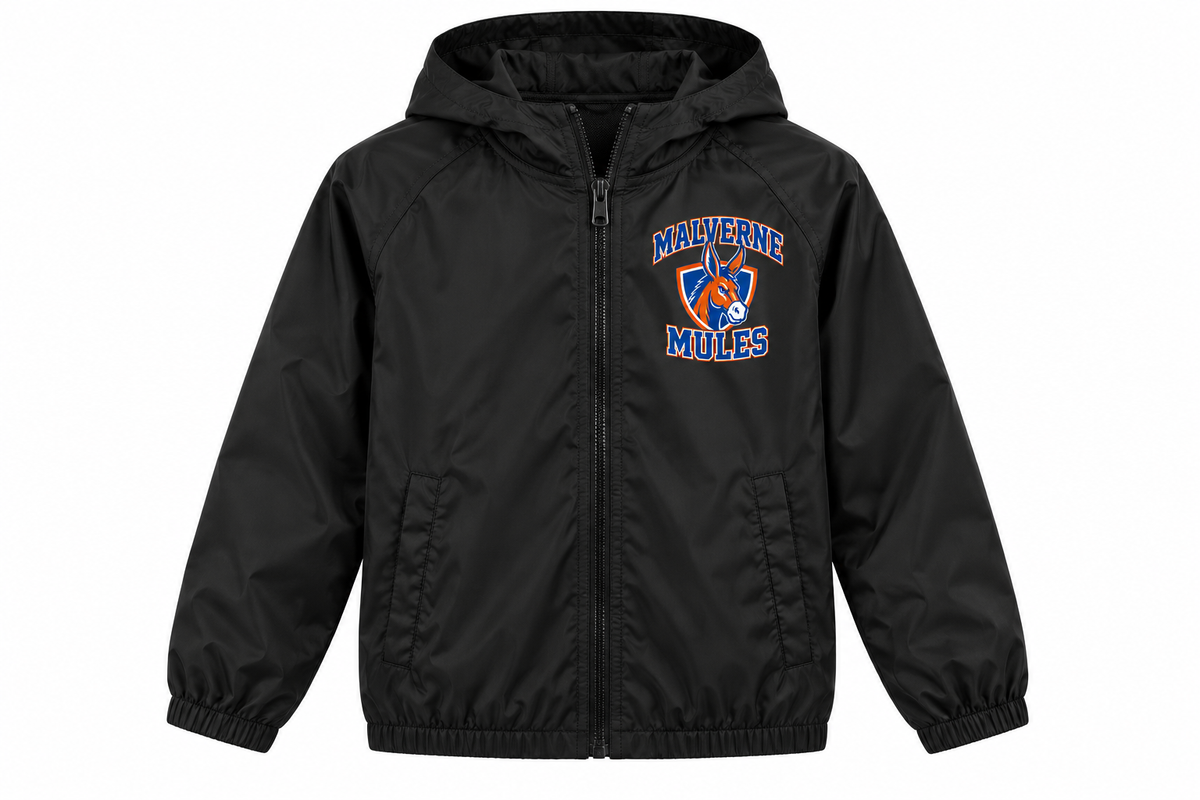 Malverne Mules Youth Full Zip Windbreaker in Black with collegiate mule crest