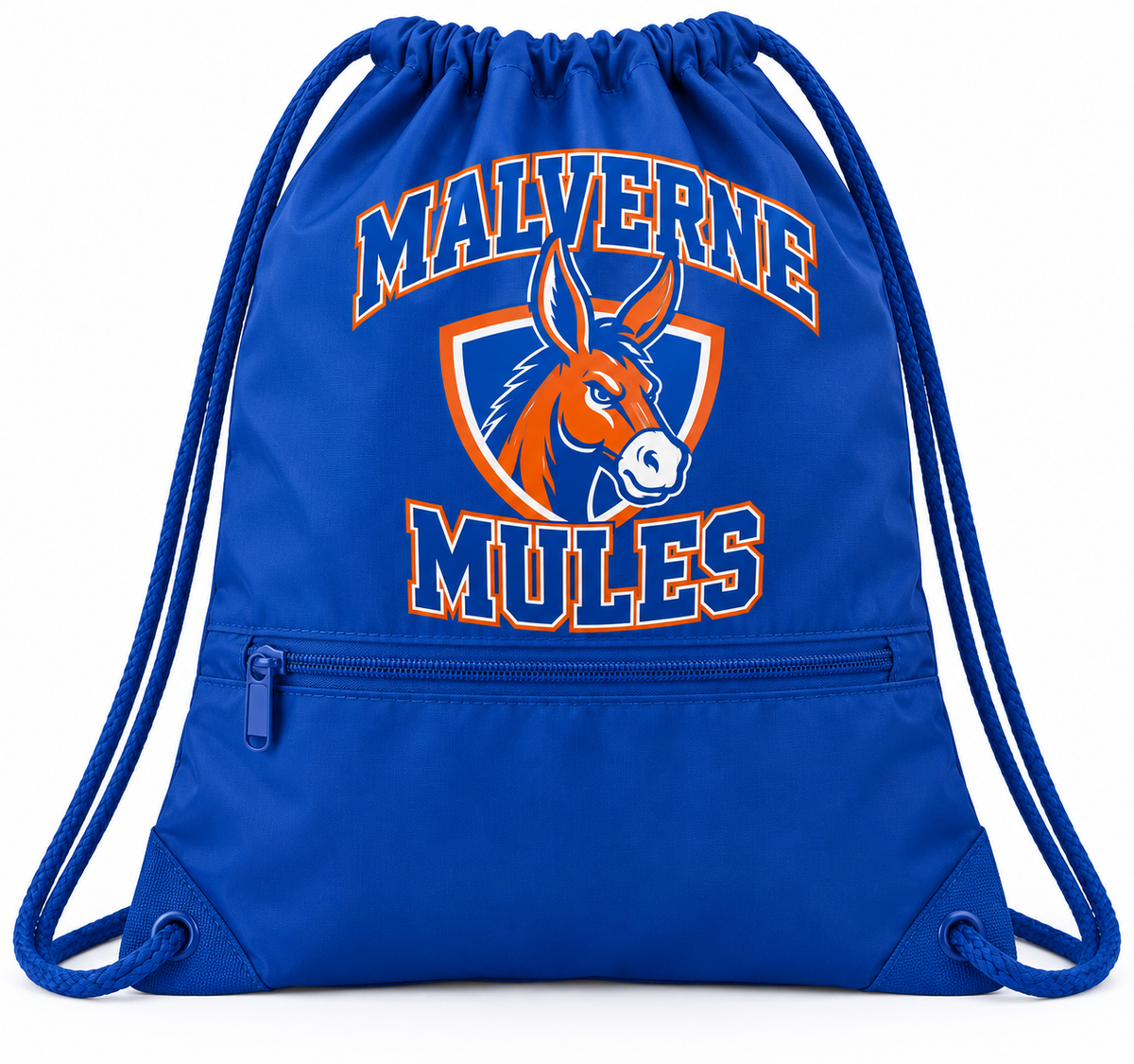Malverne Mules Zippered Drawstring Bag in Royal Blue with collegiate mule crest