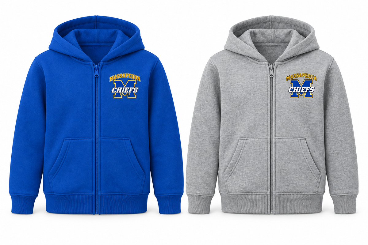 Massapequa Chiefs Youth Varsity M Zip-Up Hoodie — Royal Blue, Sport Gray