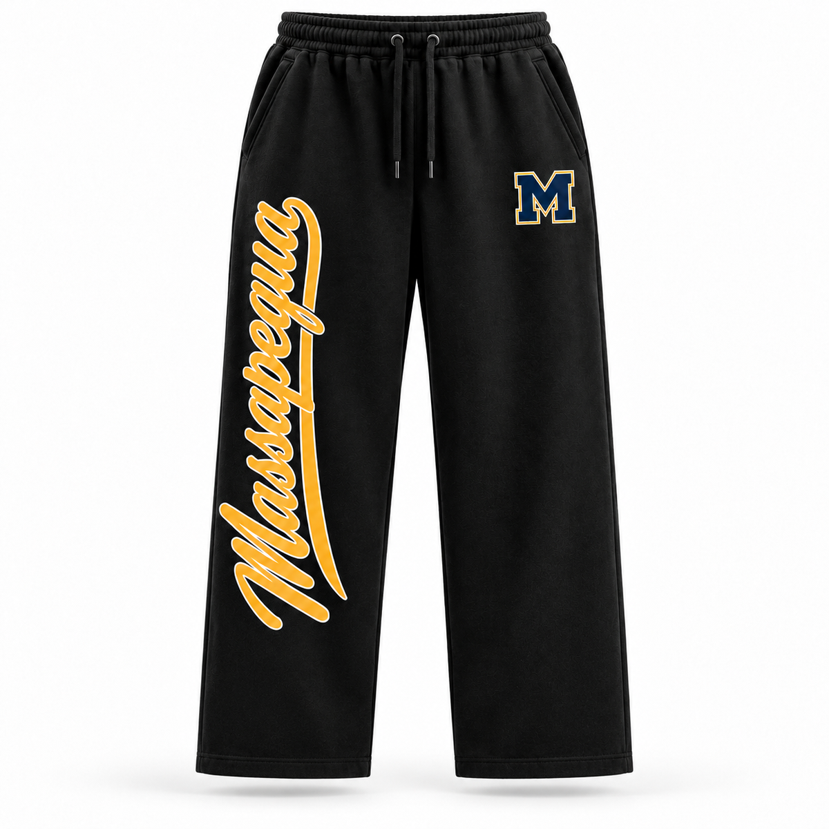 Black Massapequa script sweatpants with clean straight hems